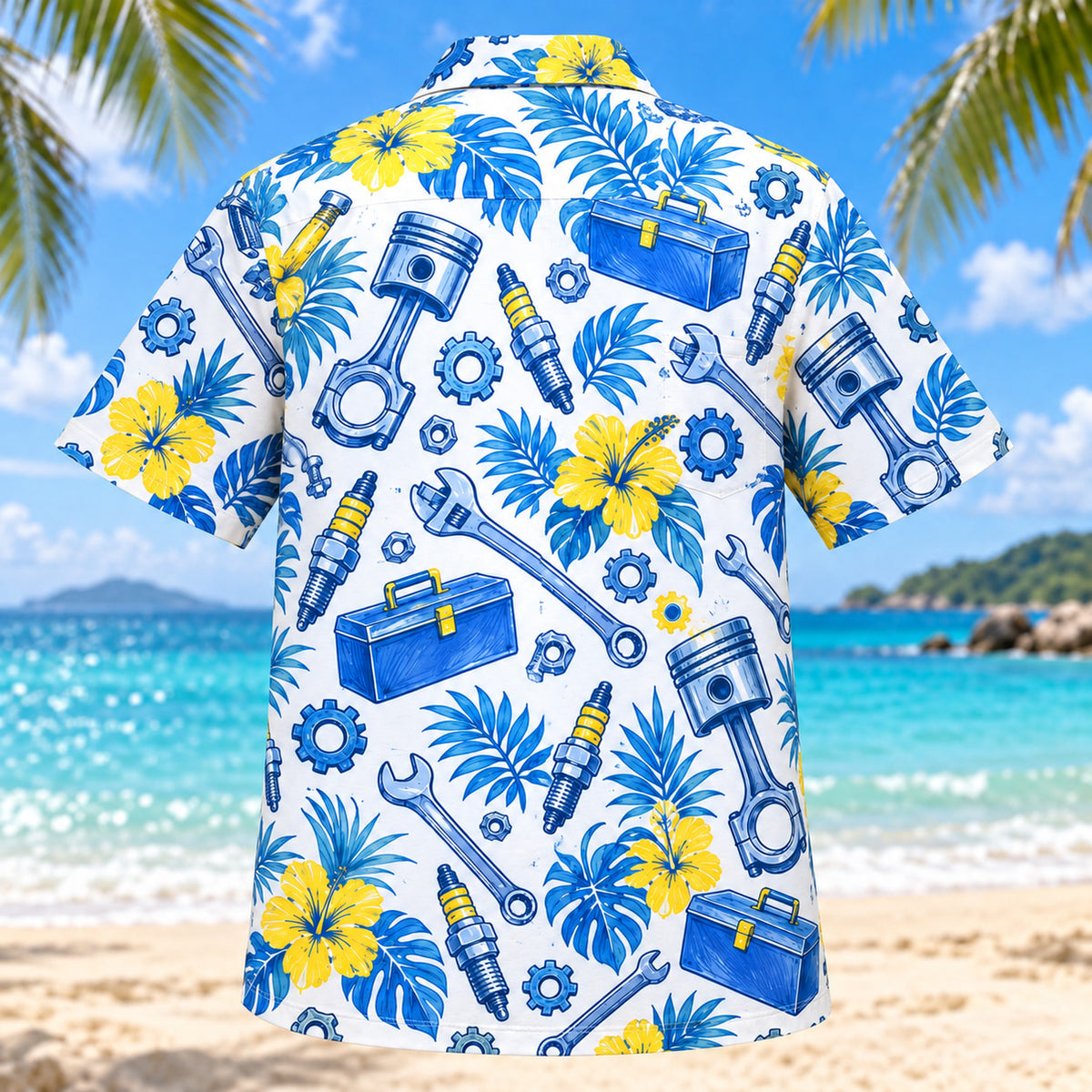 Back view of Blue Sketch Mechanic Hawaiian Shirt with matching mechanic artwork in sky blue, cobalt, white, lemon yellow