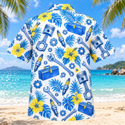 Back view of Blue Sketch Mechanic Hawaiian Shirt with matching mechanic artwork in sky blue, cobalt, white, lemon yellow