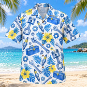 Front view of Blue Sketch Mechanic Hawaiian Shirt with airy hand-drawn outlines of generic pistons, spark plugs, wrenches, toolboxes and gears with clean white space