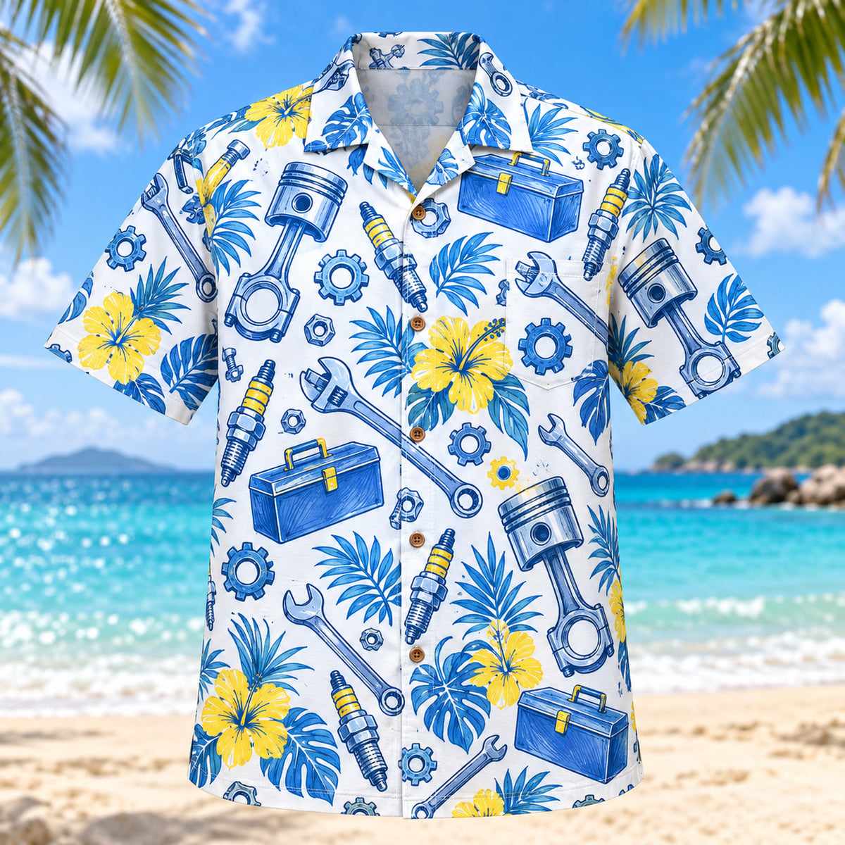 Front view of Blue Sketch Mechanic Hawaiian Shirt with airy hand-drawn outlines of generic pistons, spark plugs, wrenches, toolboxes and gears with clean white space