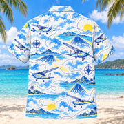 Back view of Blue Sketch Pilot and Aviation Hawaiian Shirt with matching pilot and aviation artwork in sky blue, cobalt, white, lemon yellow