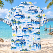 Back view of Blue Sketch Pontoon Boating Hawaiian Shirt with matching pontoon boating artwork in sky blue, cobalt, white, lemon yellow