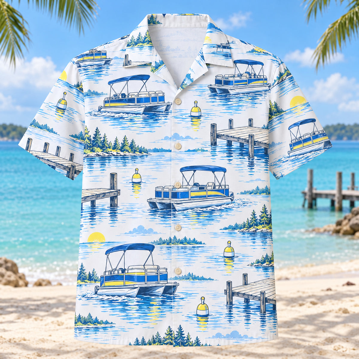 Blue Sketch Pontoon Boating Hawaiian Shirt