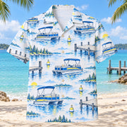 Front view of Blue Sketch Pontoon Boating Hawaiian Shirt with airy hand-drawn outlines of generic pontoon boats, lake docks, buoys and calm-water ripples with clean white space