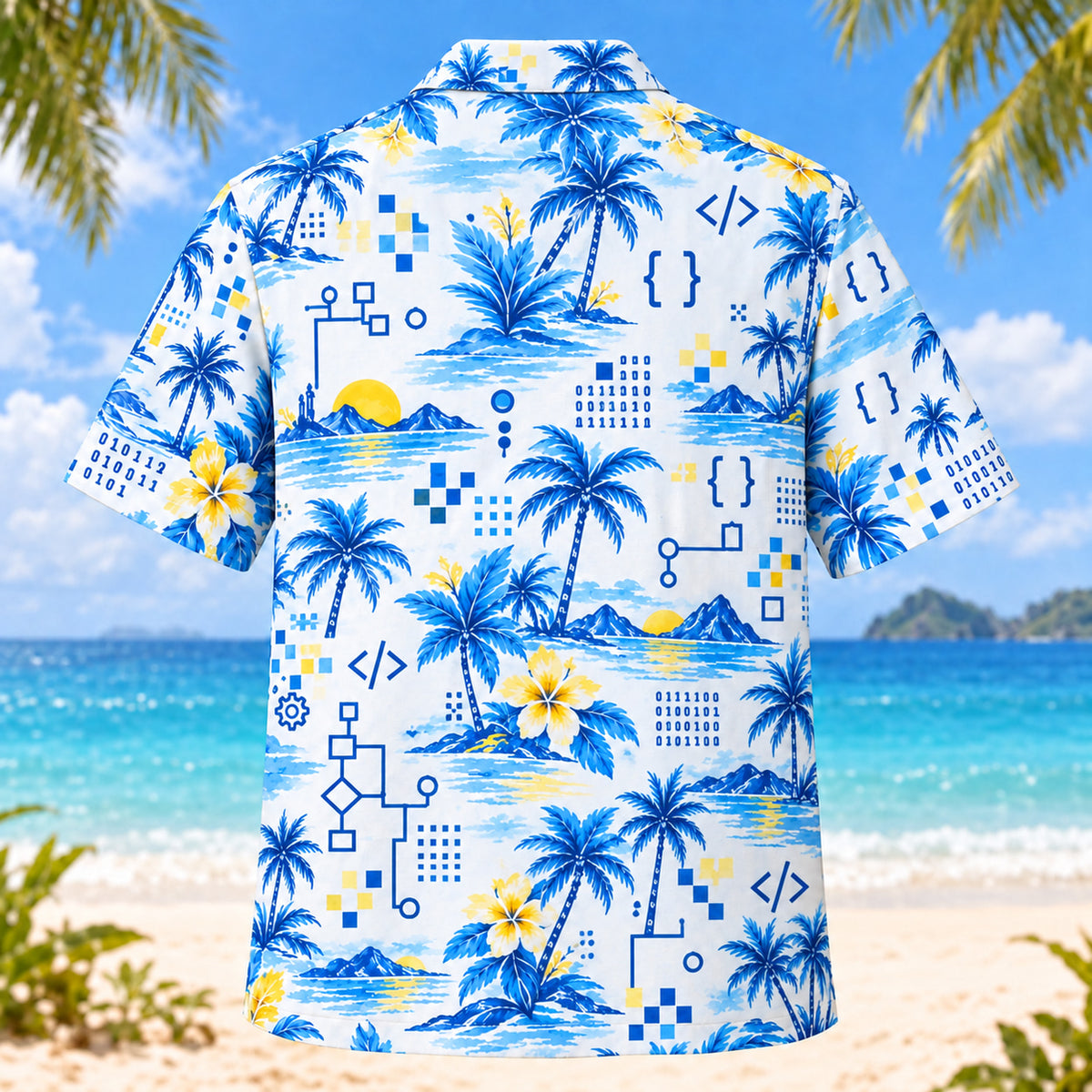 Back view of Blue Sketch Programmer Hawaiian Shirt with matching programmer artwork in sky blue, cobalt, white, lemon yellow