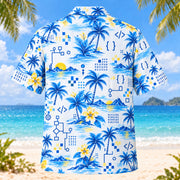 Back view of Blue Sketch Programmer Hawaiian Shirt with matching programmer artwork in sky blue, cobalt, white, lemon yellow