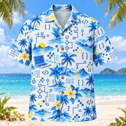 Front view of Blue Sketch Programmer Hawaiian Shirt with airy hand-drawn outlines of original brackets, readable self-written pseudocode, binary patterns, pixels and invented debugging symbols with clean white space