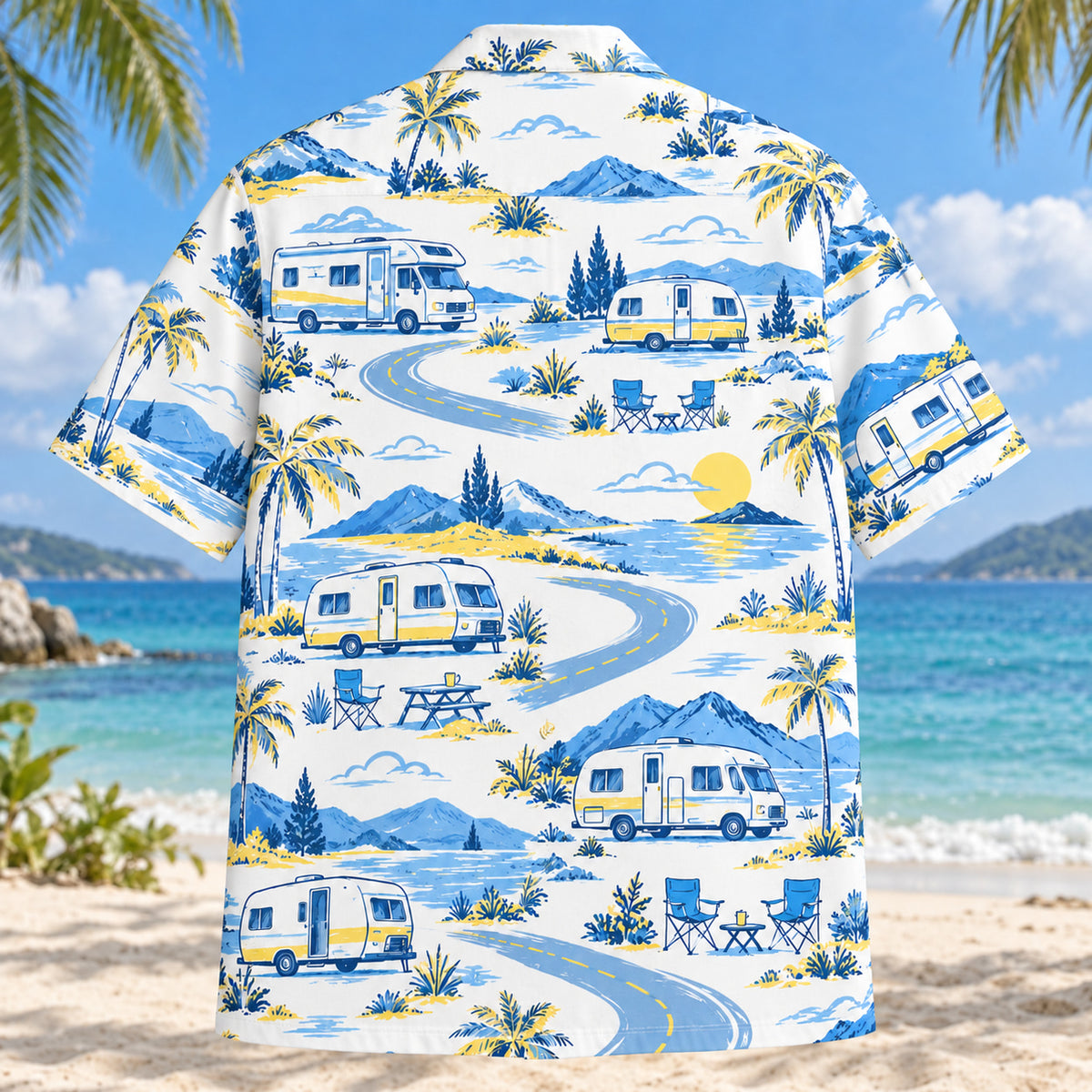 Back view of Blue Sketch RV and Travel Trailer Hawaiian Shirt with matching rv and travel trailer artwork in sky blue, cobalt, white, lemon yellow