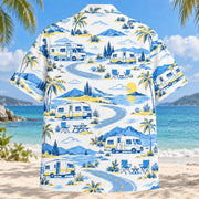 Back view of Blue Sketch RV and Travel Trailer Hawaiian Shirt with matching rv and travel trailer artwork in sky blue, cobalt, white, lemon yellow