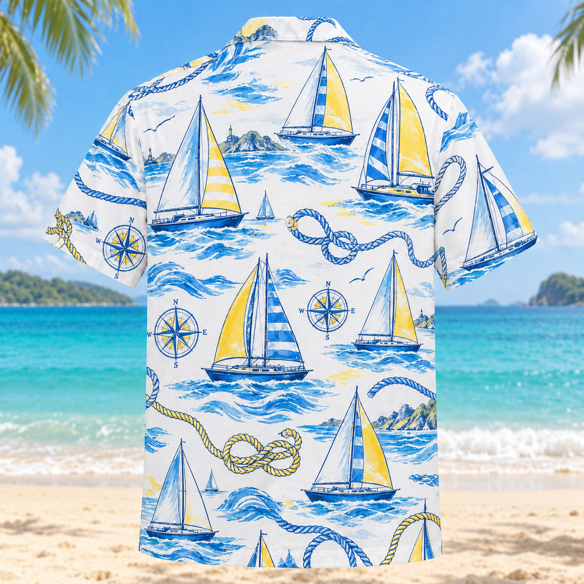 Back view of Blue Sketch Sailing Hawaiian Shirt with matching sailing artwork in sky blue, cobalt, white, lemon yellow