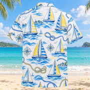 Back view of Blue Sketch Sailing Hawaiian Shirt with matching sailing artwork in sky blue, cobalt, white, lemon yellow