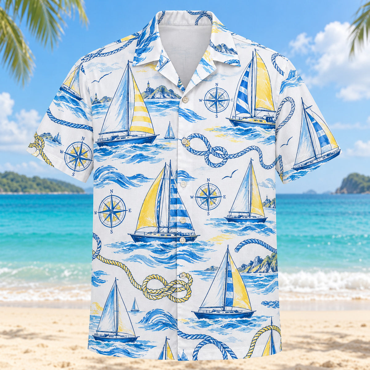 Front view of Blue Sketch Sailing Hawaiian Shirt with airy hand-drawn outlines of imaginary sailboats, knots, compasses and wave forms with clean white space