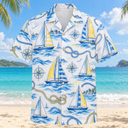 Front view of Blue Sketch Sailing Hawaiian Shirt with airy hand-drawn outlines of imaginary sailboats, knots, compasses and wave forms with clean white space