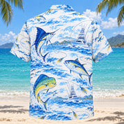 Back view of Blue Sketch Saltwater Fishing Hawaiian Shirt with matching saltwater fishing artwork in sky blue, cobalt, white, lemon yellow