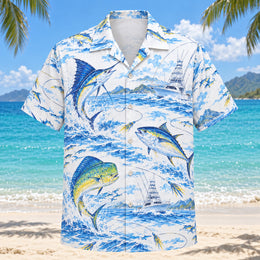Blue Sketch Saltwater Fishing Hawaiian Shirt