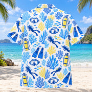 Back view of Blue Sketch Scuba Diving Hawaiian Shirt with matching scuba diving artwork in sky blue, cobalt, white, lemon yellow