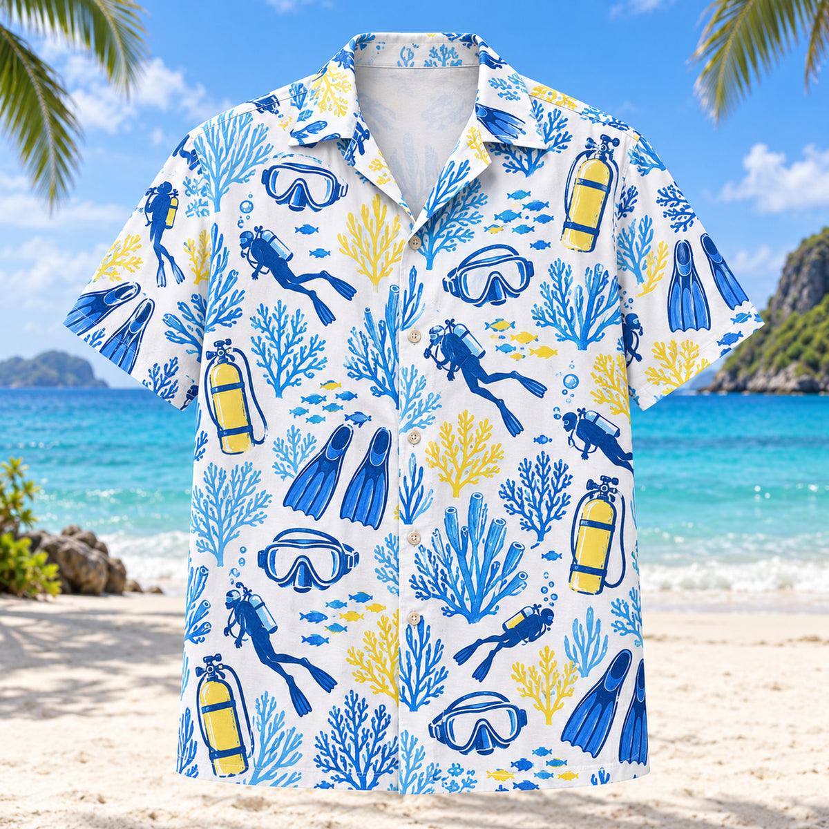 Blue Sketch Scuba Diving Hawaiian Shirt