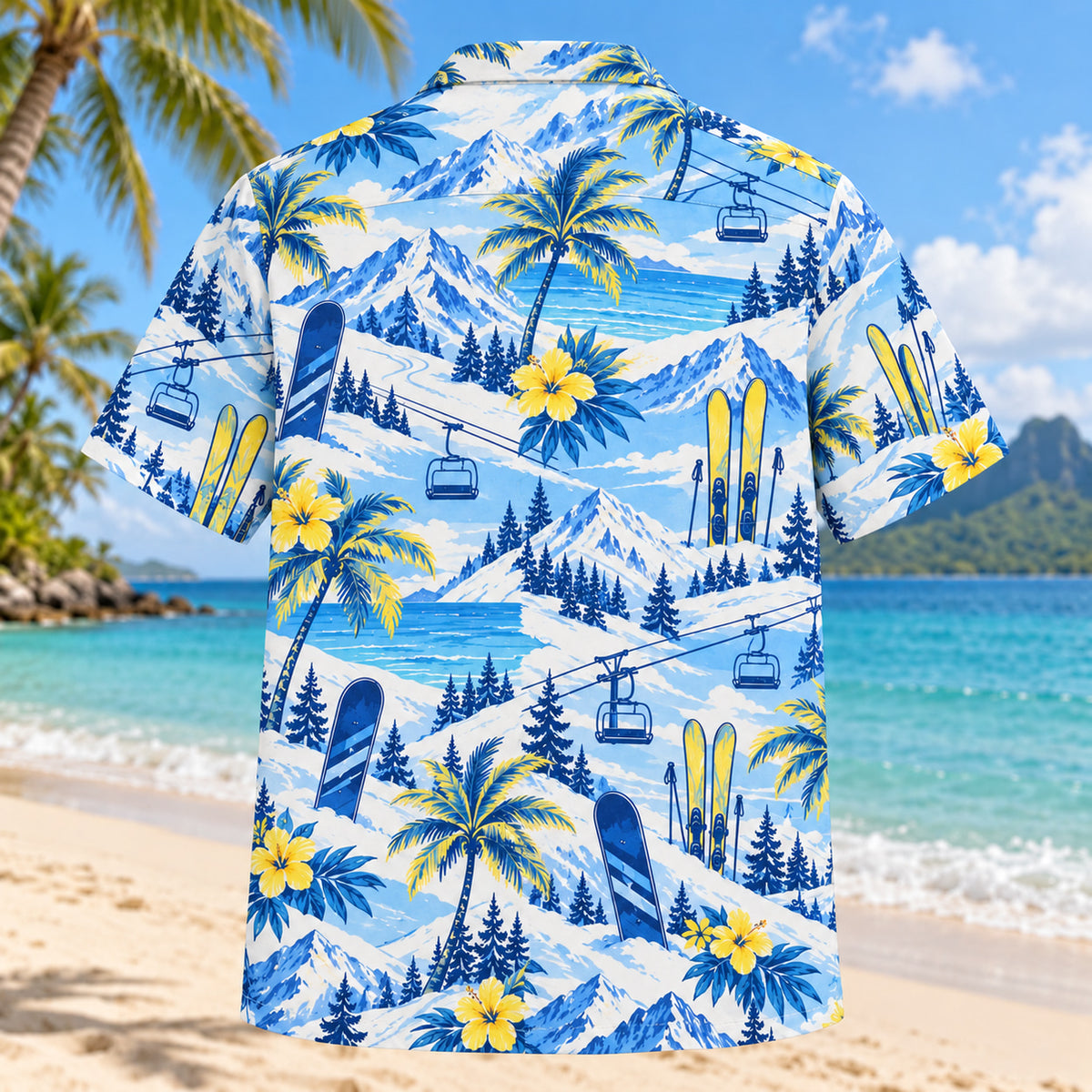 Back view of Blue Sketch Ski and Snowboard Hawaiian Shirt with matching ski and snowboard artwork in sky blue, cobalt, white, lemon yellow