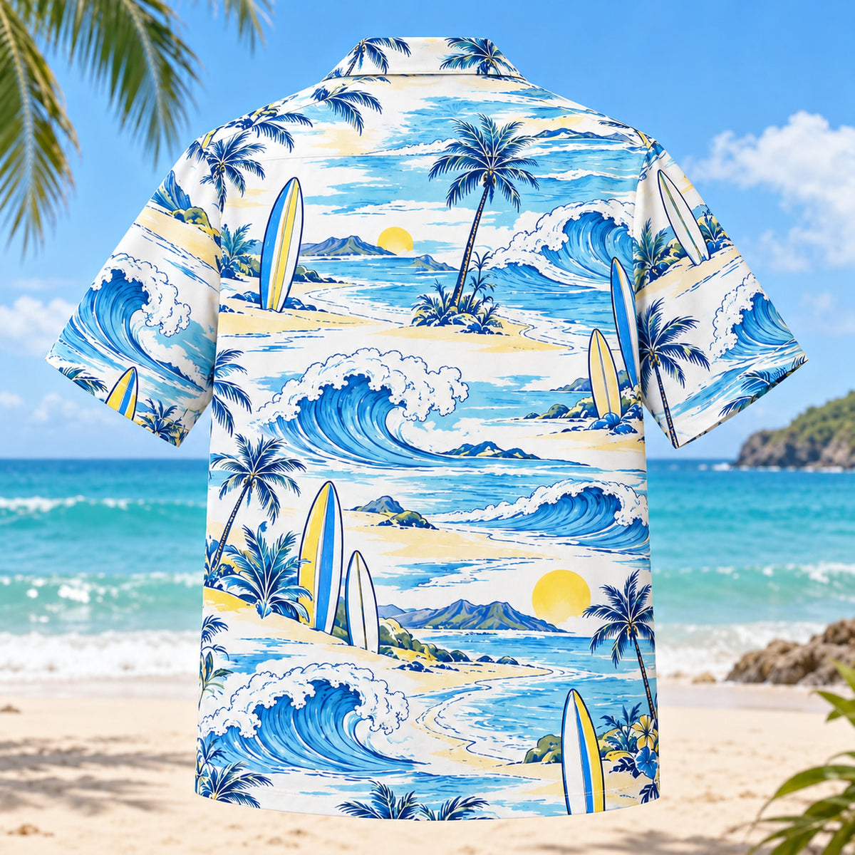 Back view of Blue Sketch Surfing Hawaiian Shirt with matching surfing artwork in sky blue, cobalt, white, lemon yellow