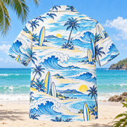 Back view of Blue Sketch Surfing Hawaiian Shirt with matching surfing artwork in sky blue, cobalt, white, lemon yellow