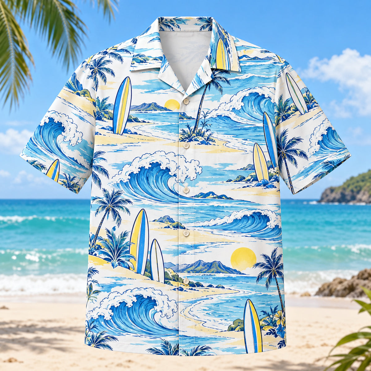 Front view of Blue Sketch Surfing Hawaiian Shirt with airy hand-drawn outlines of unbranded surfboards, rolling waves and curved shorelines with clean white space