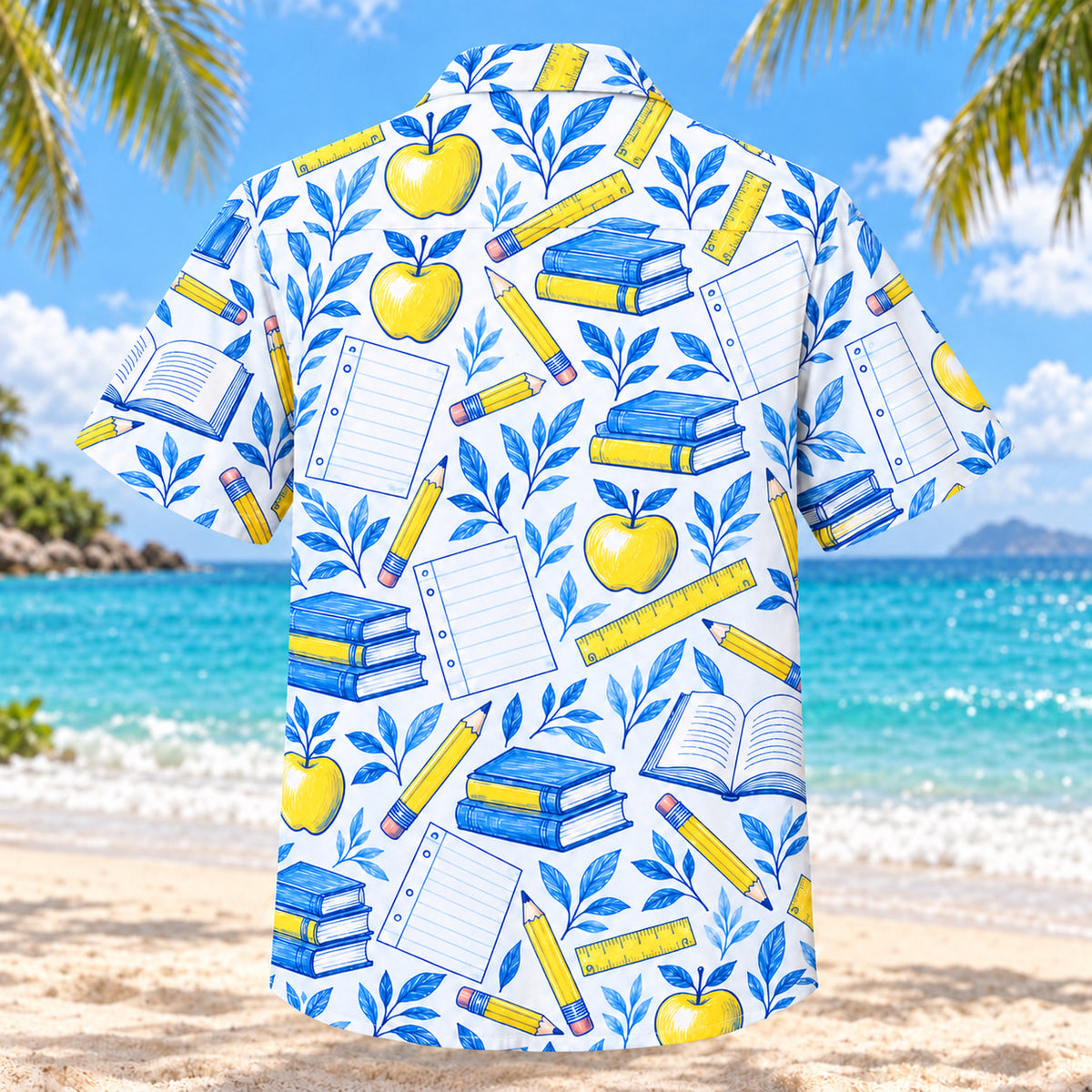 Back view of Blue Sketch Teacher Hawaiian Shirt with matching teacher artwork in sky blue, cobalt, white, lemon yellow