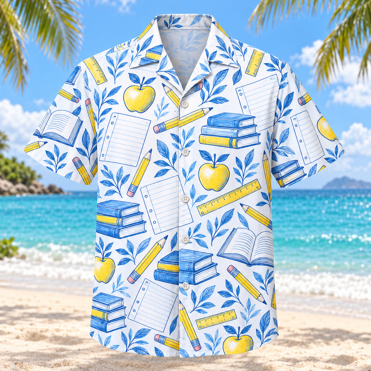 Front view of Blue Sketch Teacher Hawaiian Shirt with airy hand-drawn outlines of original pencils, apples, rulers, books and sheets of paper with clean white space