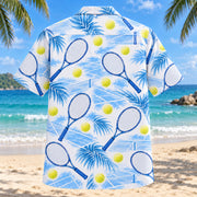 Back view of Blue Sketch Tennis Hawaiian Shirt with matching tennis artwork in sky blue, cobalt, white, lemon yellow