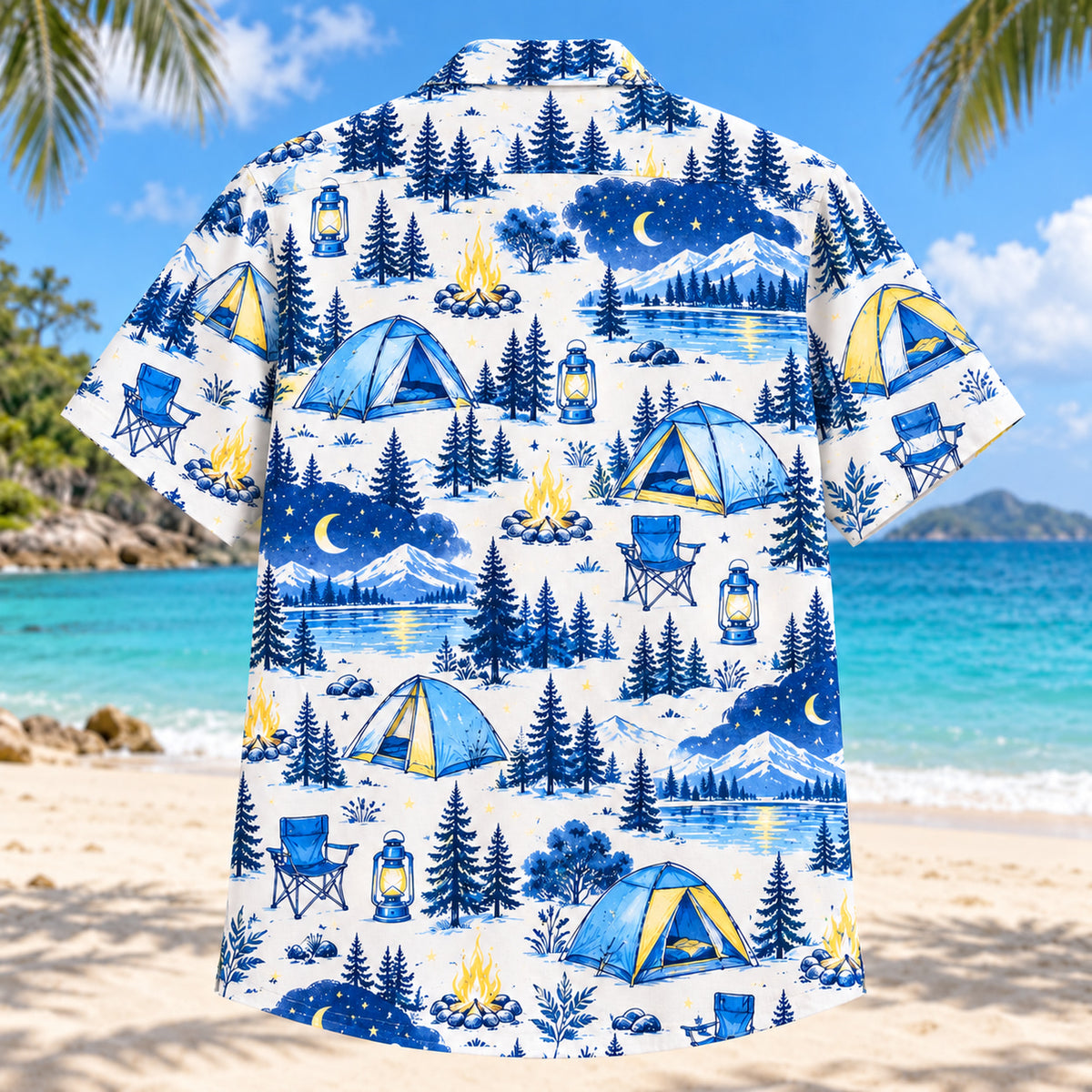 Back view of Blue Sketch Tent Camping Hawaiian Shirt with matching tent camping artwork in sky blue, cobalt, white, lemon yellow
