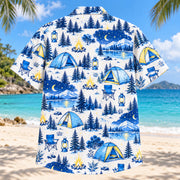 Back view of Blue Sketch Tent Camping Hawaiian Shirt with matching tent camping artwork in sky blue, cobalt, white, lemon yellow