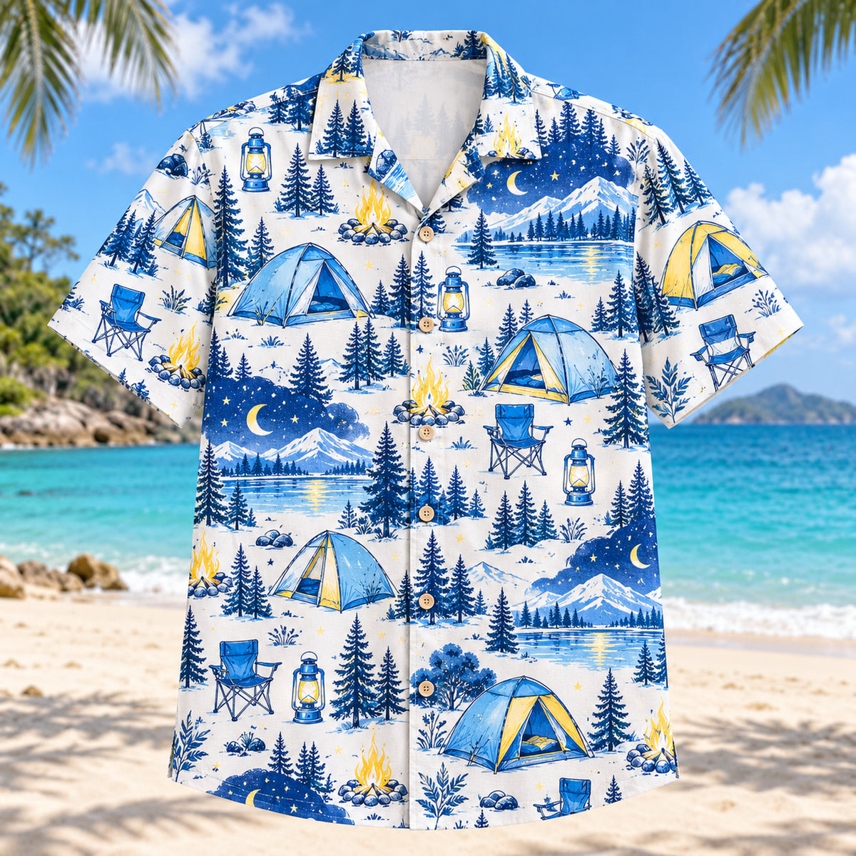 Front view of Blue Sketch Tent Camping Hawaiian Shirt with airy hand-drawn outlines of generic tents, camp lanterns, campfires, chairs and woodland night skies with clean white space
