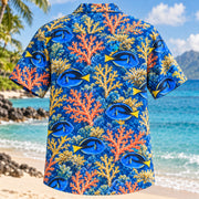 Back view of Blue Tang Coral Reef Aquarium Hawaiian Shirt with matching artwork in royal blue, yellow, coral