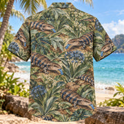 Back view of Blue Tongue Skink Reptile Hawaiian Shirt with matching artwork in brown, cobalt, sage