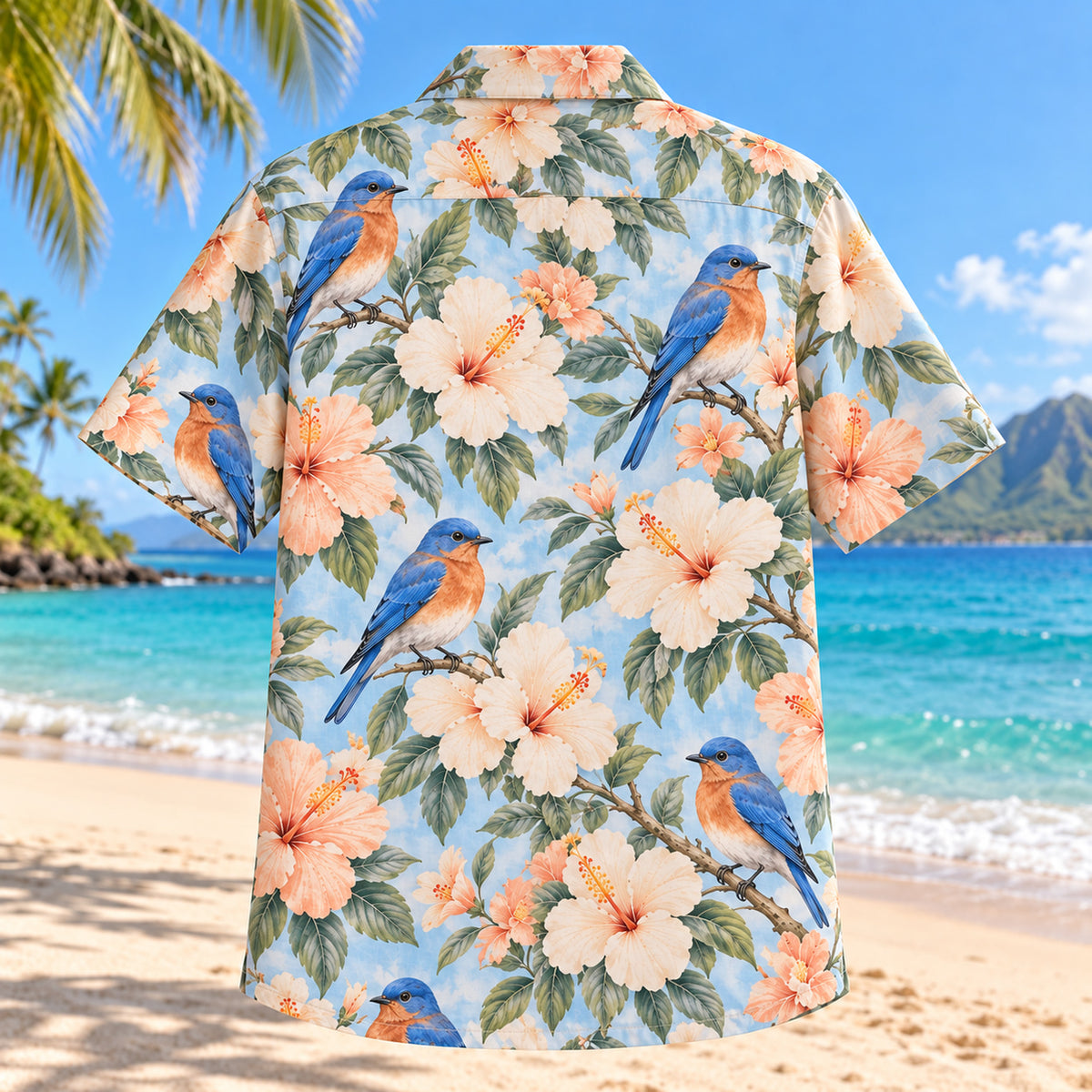 Back view of Bluebird Hibiscus Birdwatching Hawaiian Shirt with matching bird artwork in sky blue, peach, cream
