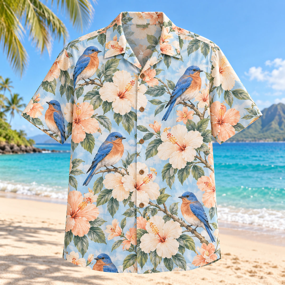 Front view of Bluebird Hibiscus Birdwatching Hawaiian Shirt with eastern bluebirds among cream hibiscus