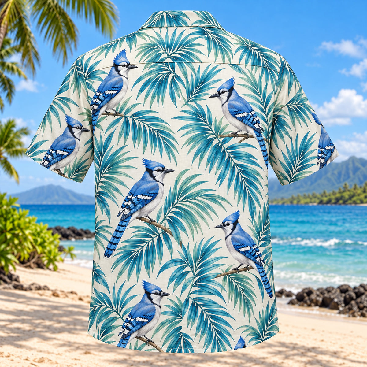 Back view of Blue Jay Palm Birdwatching Hawaiian Shirt with matching bird artwork in cobalt, teal, ivory