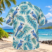 Back view of Blue Jay Palm Birdwatching Hawaiian Shirt with matching bird artwork in cobalt, teal, ivory