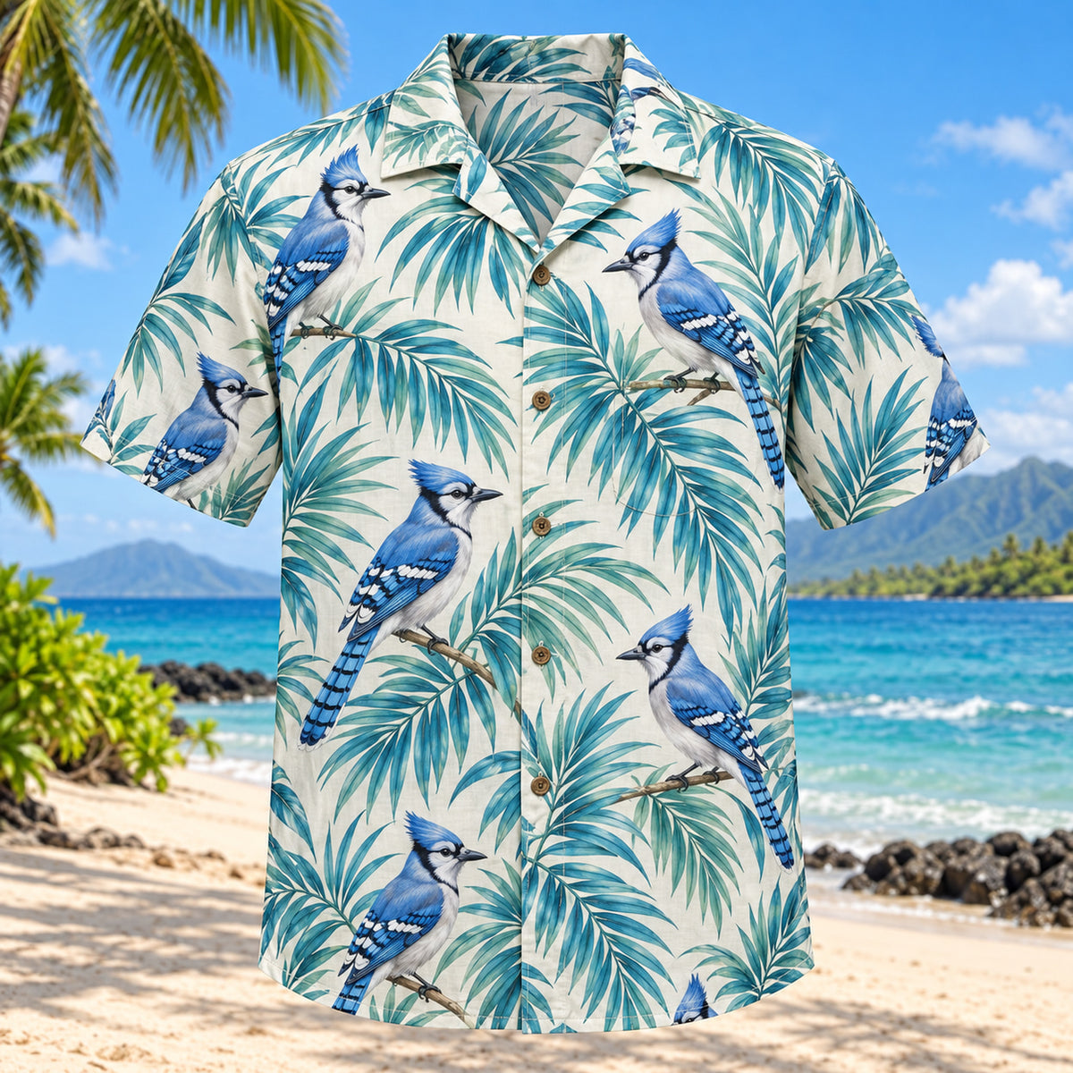 Front view of Blue Jay Palm Birdwatching Hawaiian Shirt with blue jays among airy palm fronds