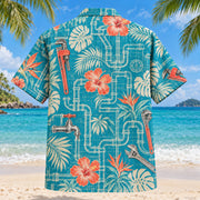 Back view of Blueprint Pipes Plumber Hawaiian Shirt with matching artwork in turquoise, coral, cream