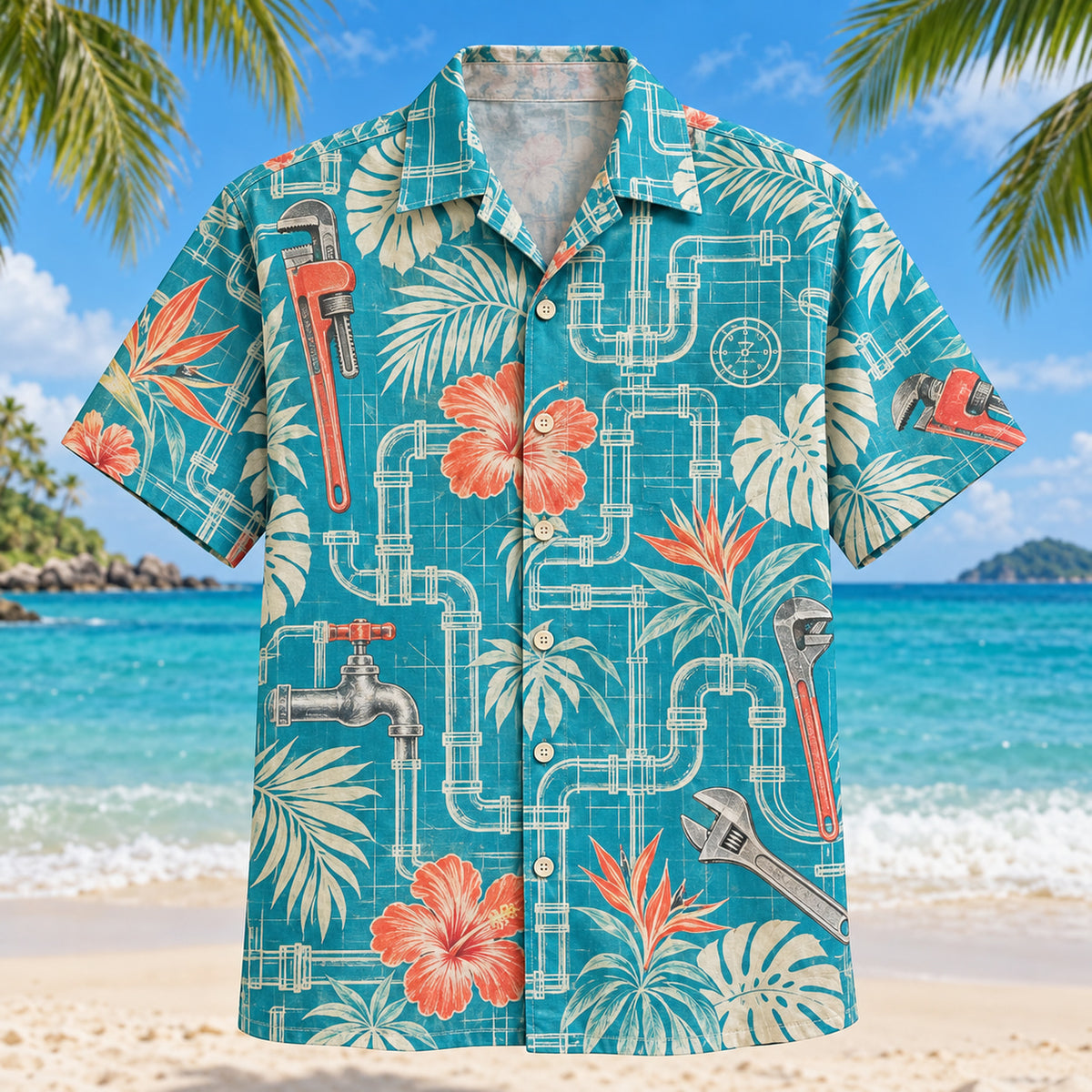Front view of Blueprint Pipes Plumber Hawaiian Shirt with original blueprint pipes motifs, with tropical botanical accents; no text or branded equipment