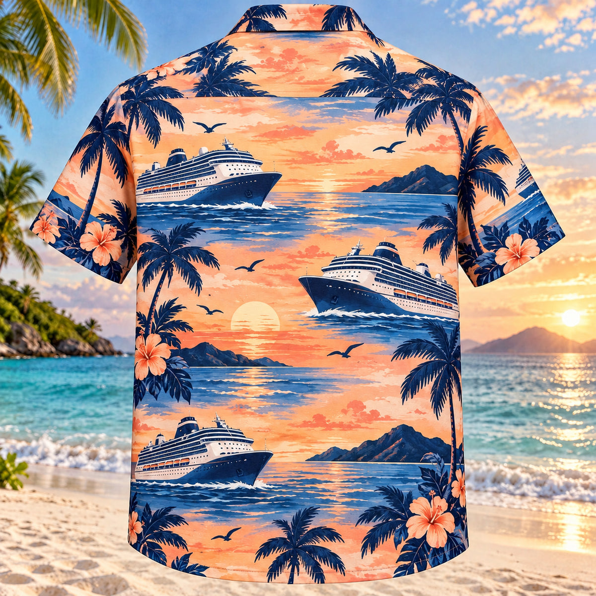 Back view of Bluewater Holiday Cruise Travel Hawaiian Shirt with matching artwork in sunset peach, navy, white