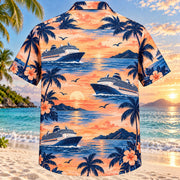 Back view of Bluewater Holiday Cruise Travel Hawaiian Shirt with matching artwork in sunset peach, navy, white