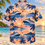 Front view of Bluewater Holiday Cruise Travel Hawaiian Shirt with original, text-free illustrations of fictional ship profiles and bright open-water motifs