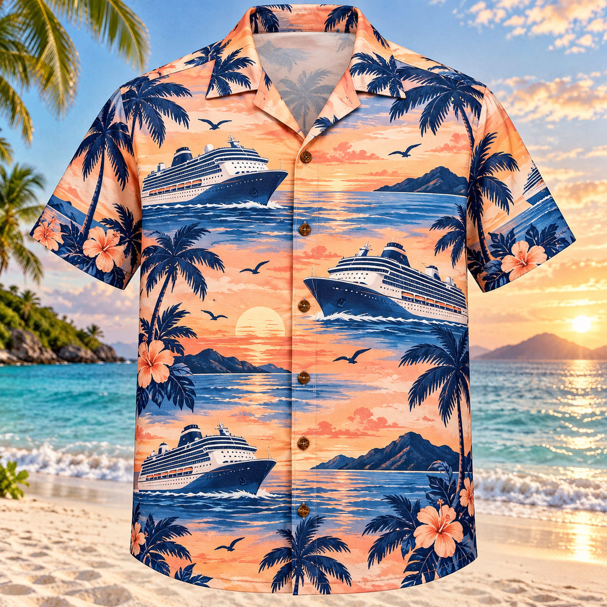 Front view of Bluewater Holiday Cruise Travel Hawaiian Shirt with original, text-free illustrations of fictional ship profiles and bright open-water motifs