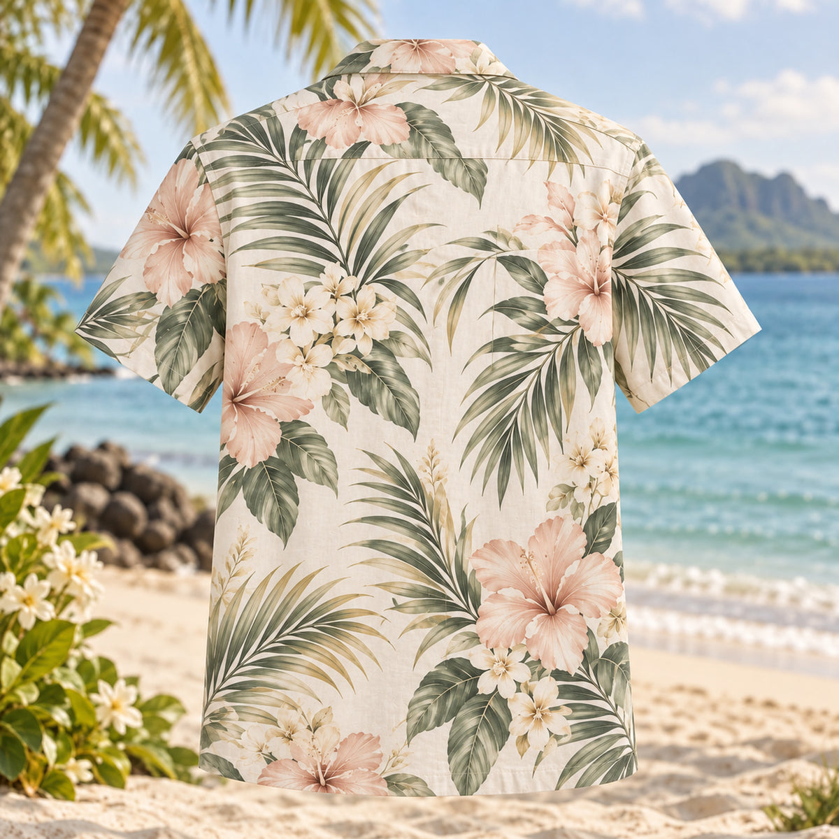 Back view of Blush Palm Beach Wedding Hawaiian Shirt with matching artwork in champagne, eucalyptus, ivory