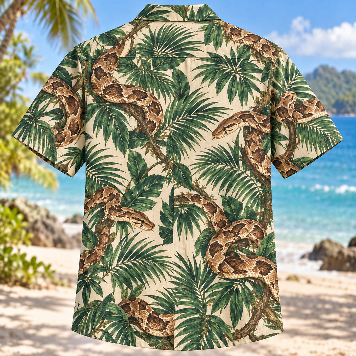 Back view of Boa Palm Reptile Hawaiian Shirt with matching artwork in brown, cream, emerald