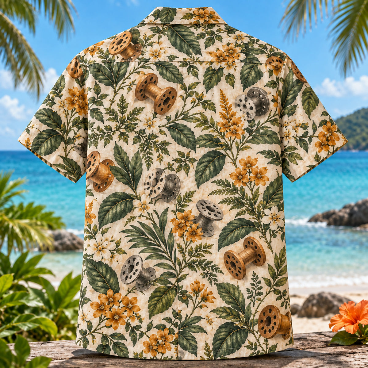 Back view of Bobbin Garden Sewing and Quilting Hawaiian Shirt with matching artwork in amber, forest, cream