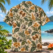 Back view of Bobbin Garden Sewing and Quilting Hawaiian Shirt with matching artwork in amber, forest, cream