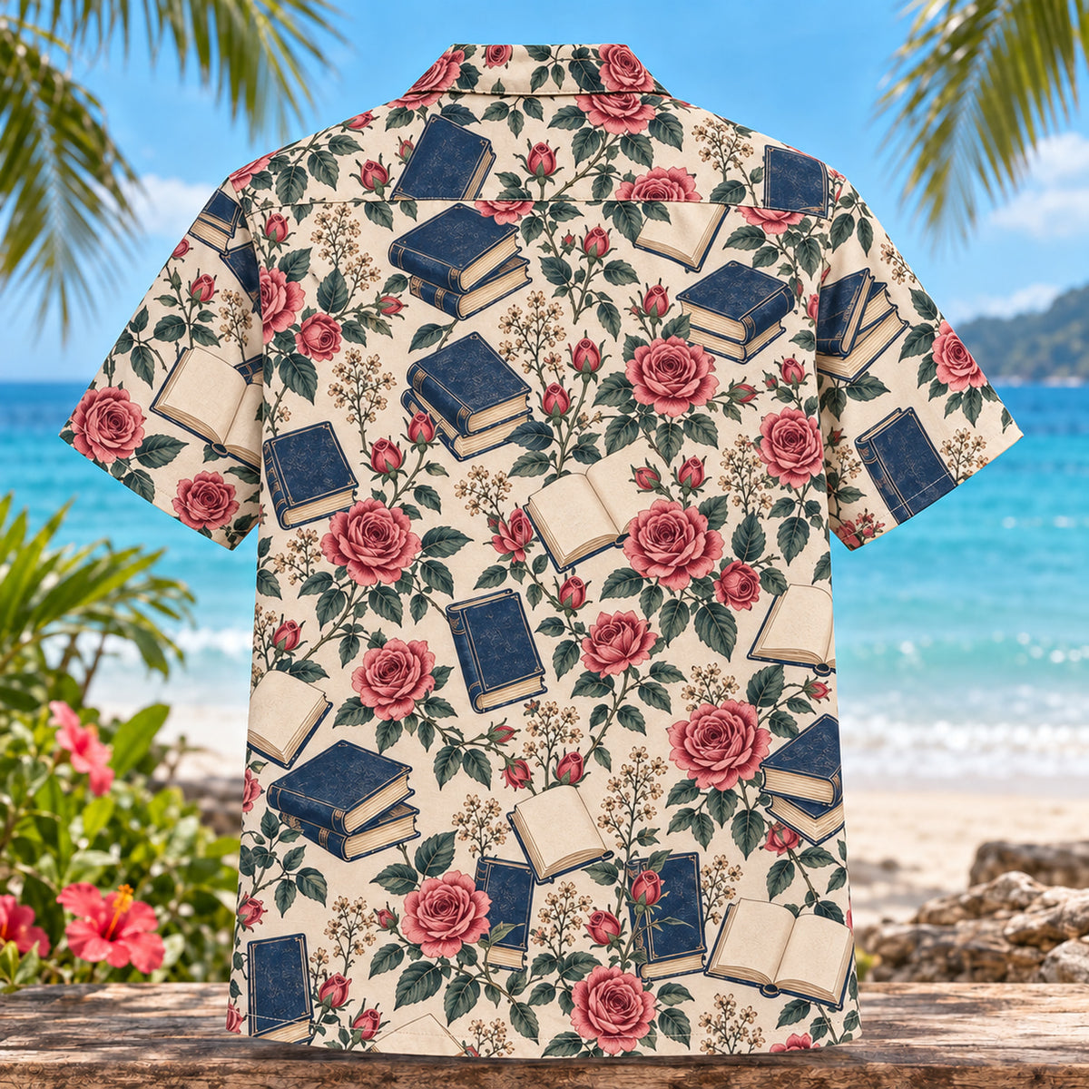 Back view of Book Club Rose Book Lover Hawaiian Shirt with matching artwork in rose, navy, cream