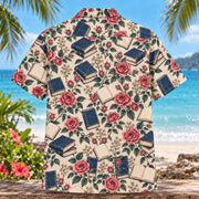 Back view of Book Club Rose Book Lover Hawaiian Shirt with matching artwork in rose, navy, cream